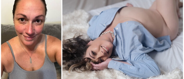 A woman before and after in boudoir, on her back with only a shirt and necklace.